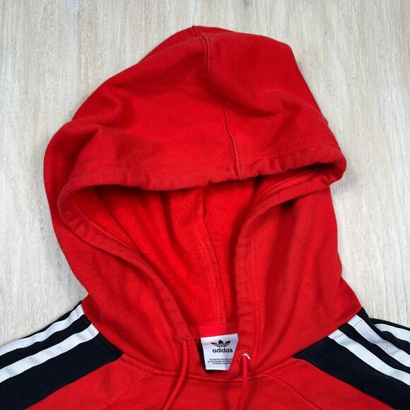 Adidas Red Hoodie Pullover Cropped Stripe Sleeve Leoflage Trefoil Sweater Large - Picture 6 of 15